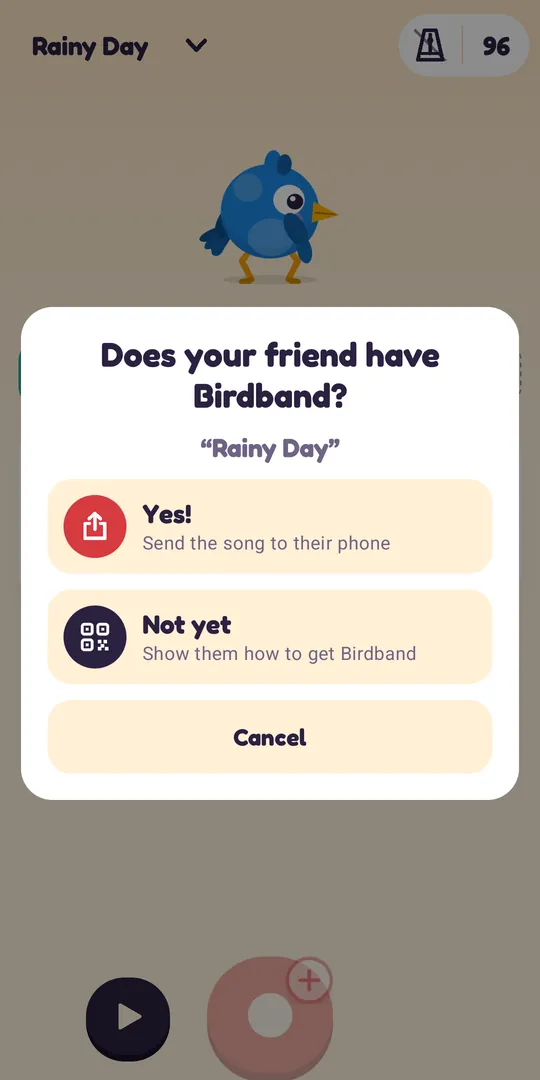 Birdband asks “Does your friend have Birdband?” for a song called Rainy Day, with the choices Yes! and Not yet.