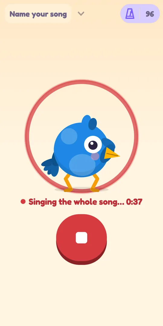 Birdband while recording: the blue bird inside a red ring, the words “Singing the whole song… 0:37” and a big red stop button.